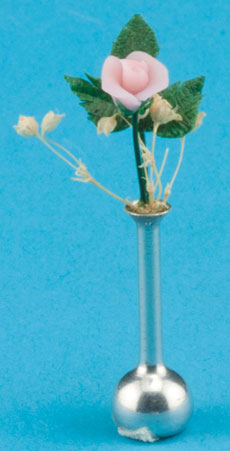 Dollhouse Miniature Single Rose,Lt Pk,Assorted Alum Vases